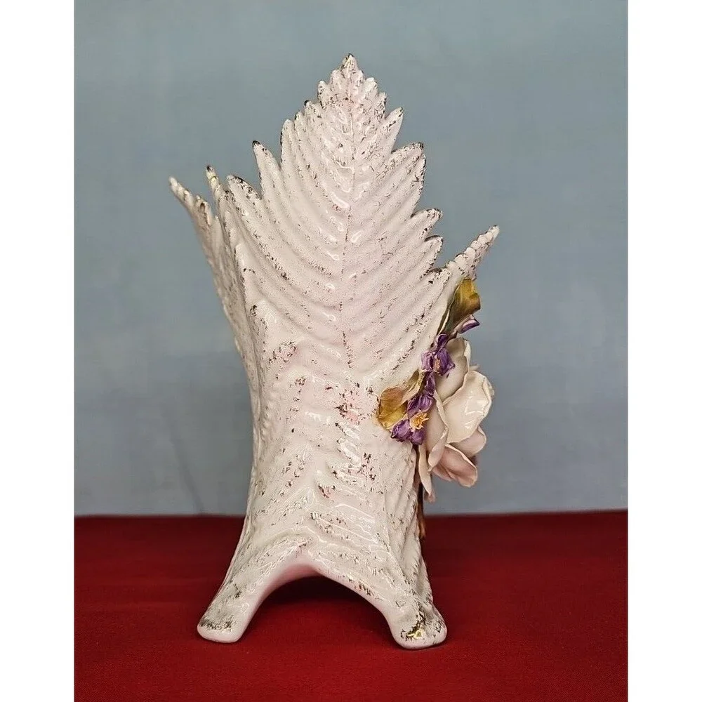Rose Vase Vee Jackson Pottery Capodimonte Style Leaf Shape 3D Flower VTG Planter